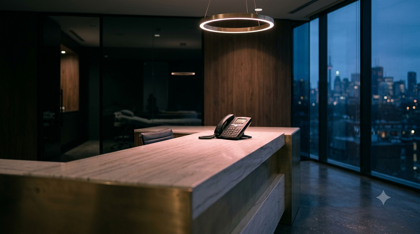 An empty clinic reception desk at dusk with the phone unattended, Toronto skyline beyond the window