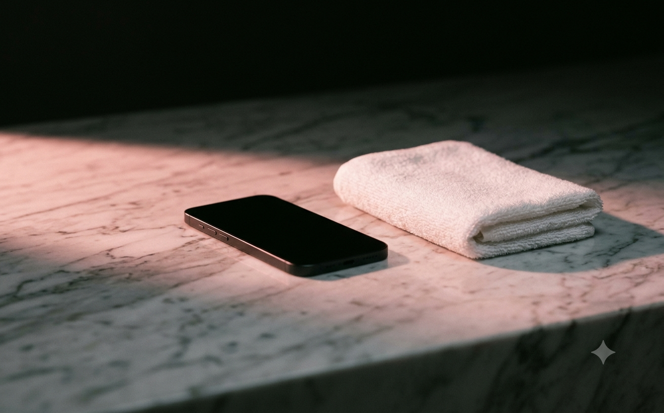 A phone face-down on a marble clinic counter beside a folded towel