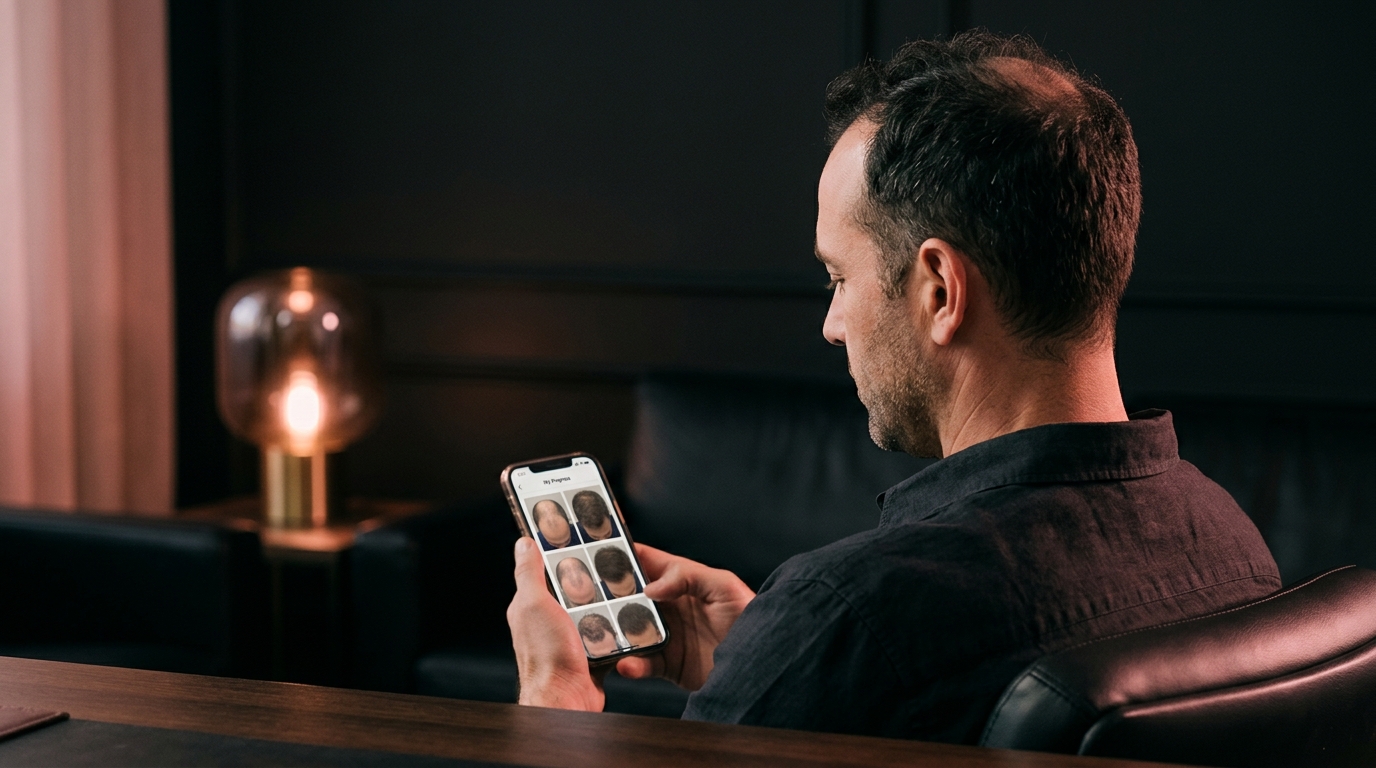 A hair transplant patient reviewing before-and-after results on a phone in a softly lit clinic consultation room