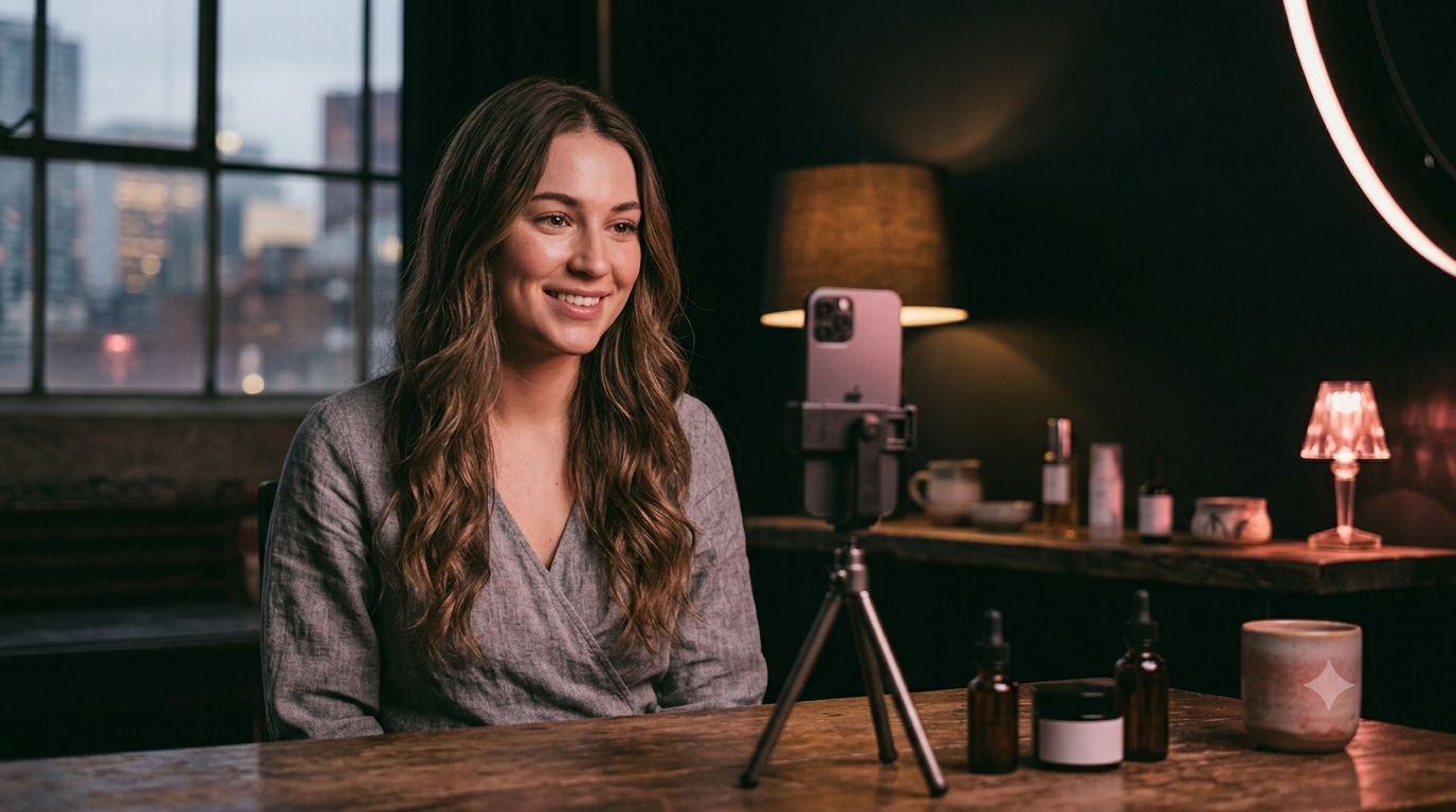 Micro-influencer filming a video on her phone in a warm-lit Toronto beauty studio