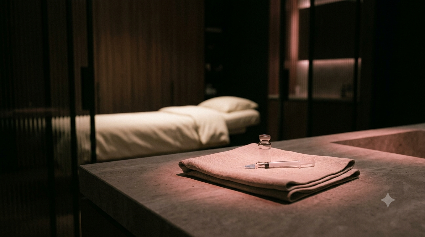 Peptide vials and a syringe on a linen towel in a calm, dimly lit Toronto med spa treatment room