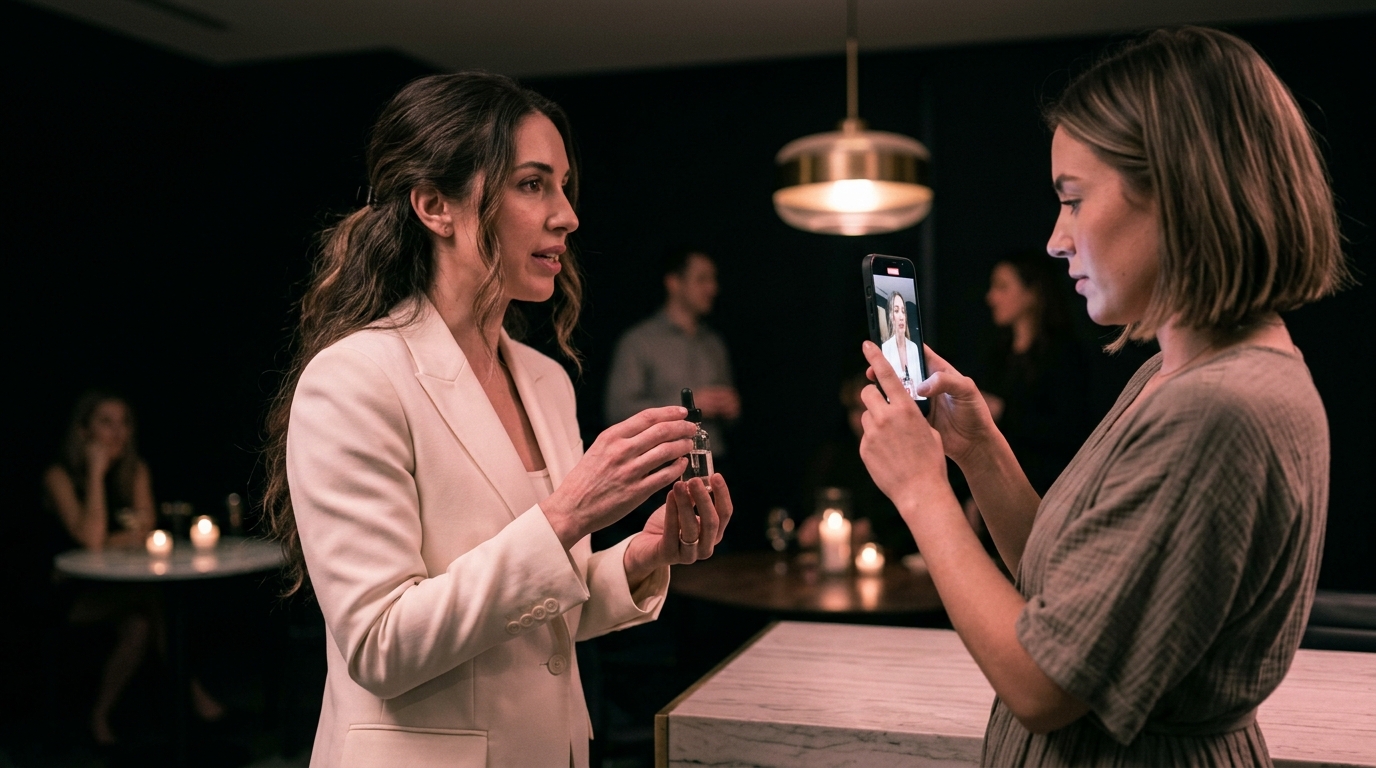 A practitioner explaining a skincare serum to a creator filming on her phone at an intimate launch event